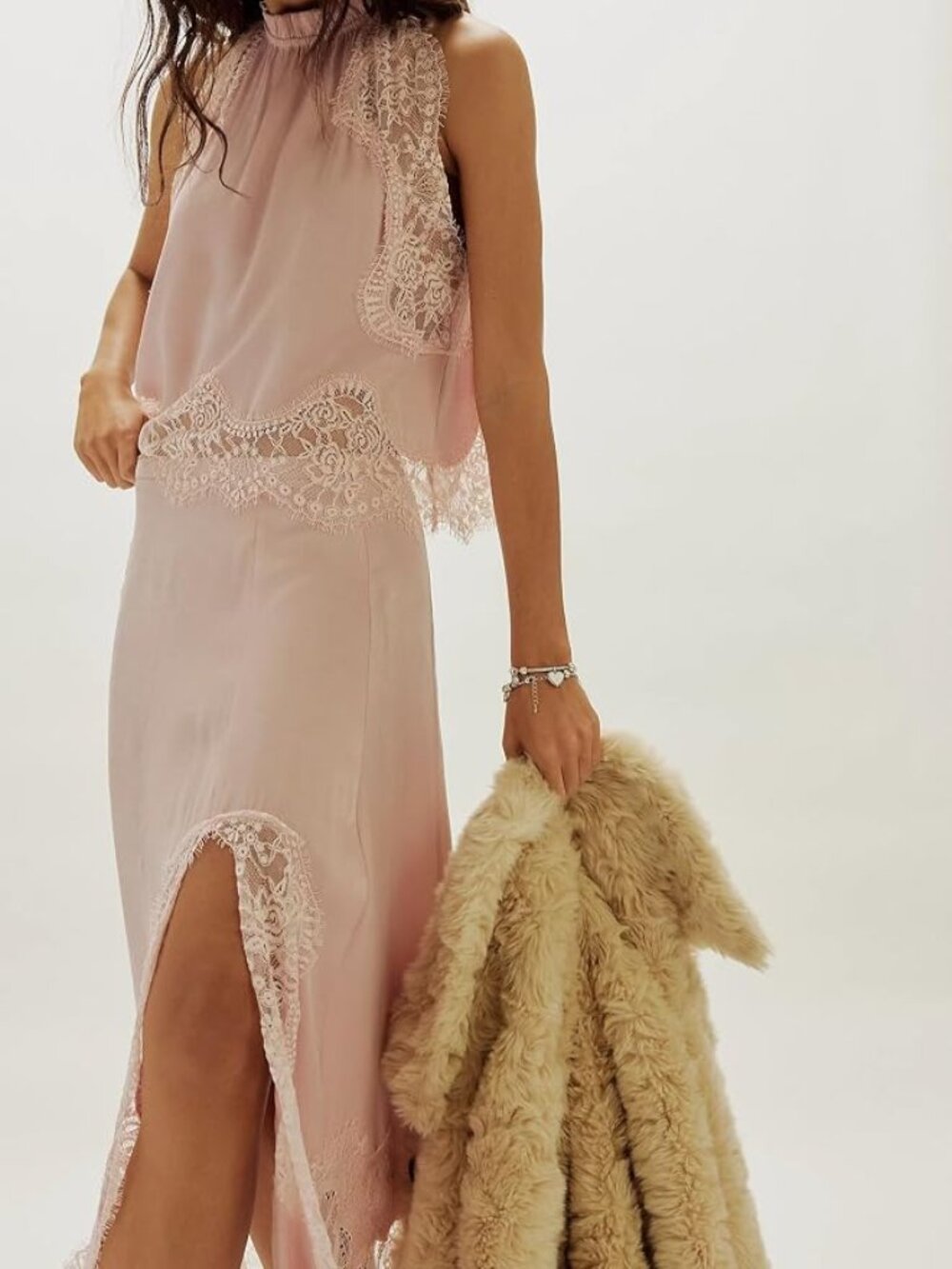 🎀 NWT QLQLWDD Pink Satin Lace 2 Piece Maxi Skirt Set L